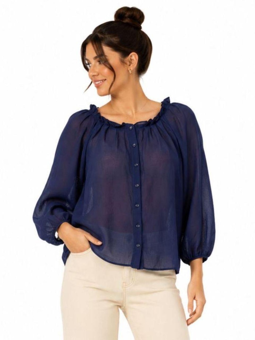 H&M Woman's Navy Blue Sheer Puff Sleeve Oversize Blouse, Size 12